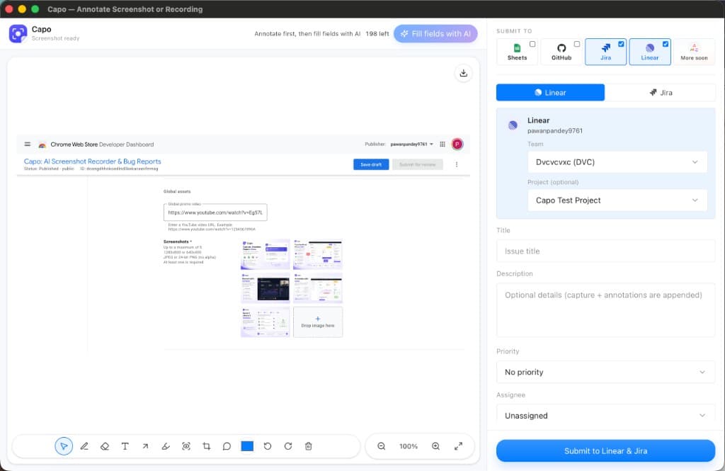 Capo annotate window with AI fill and multi-platform submit