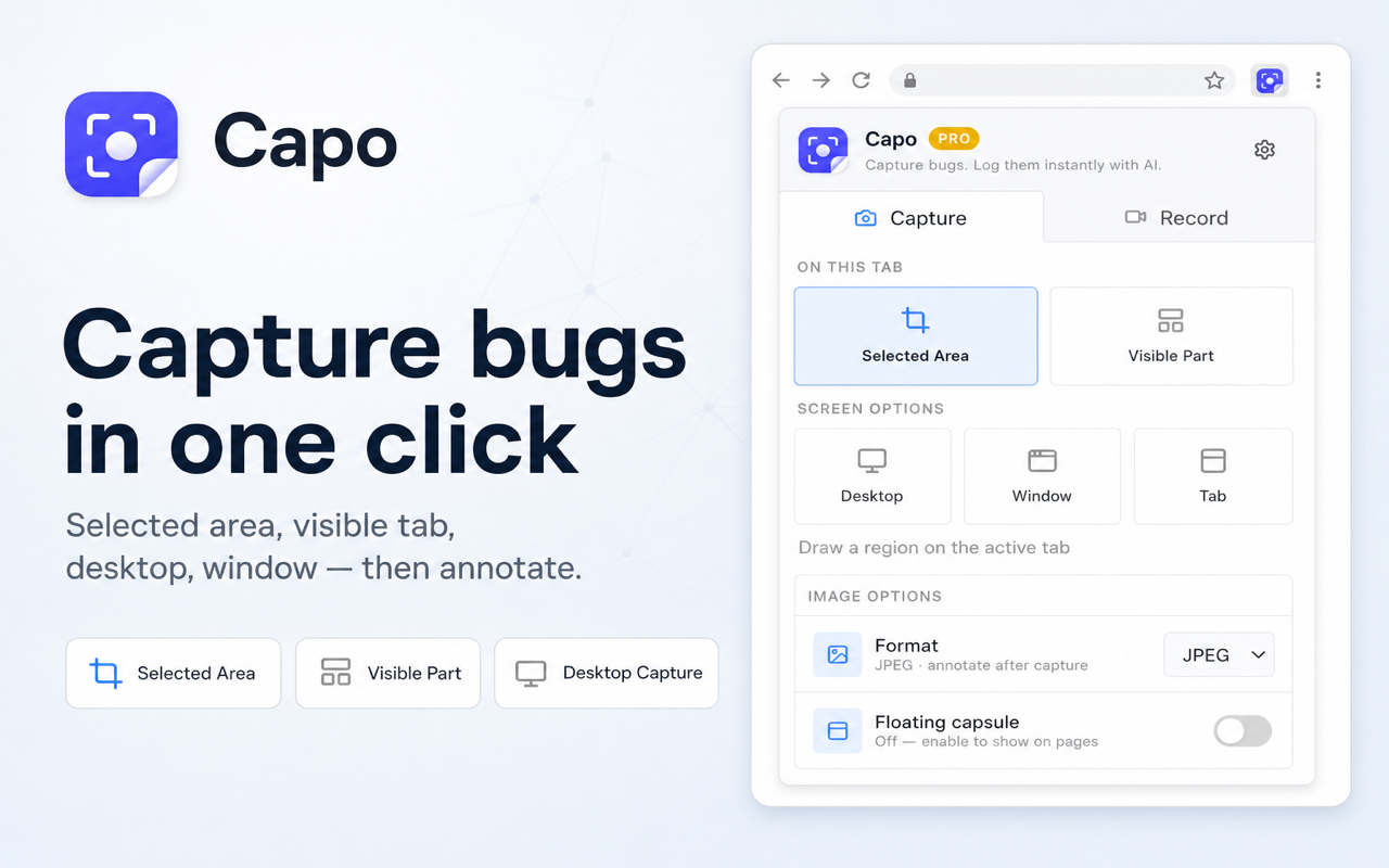 Capo capture popup with selected area and screen options