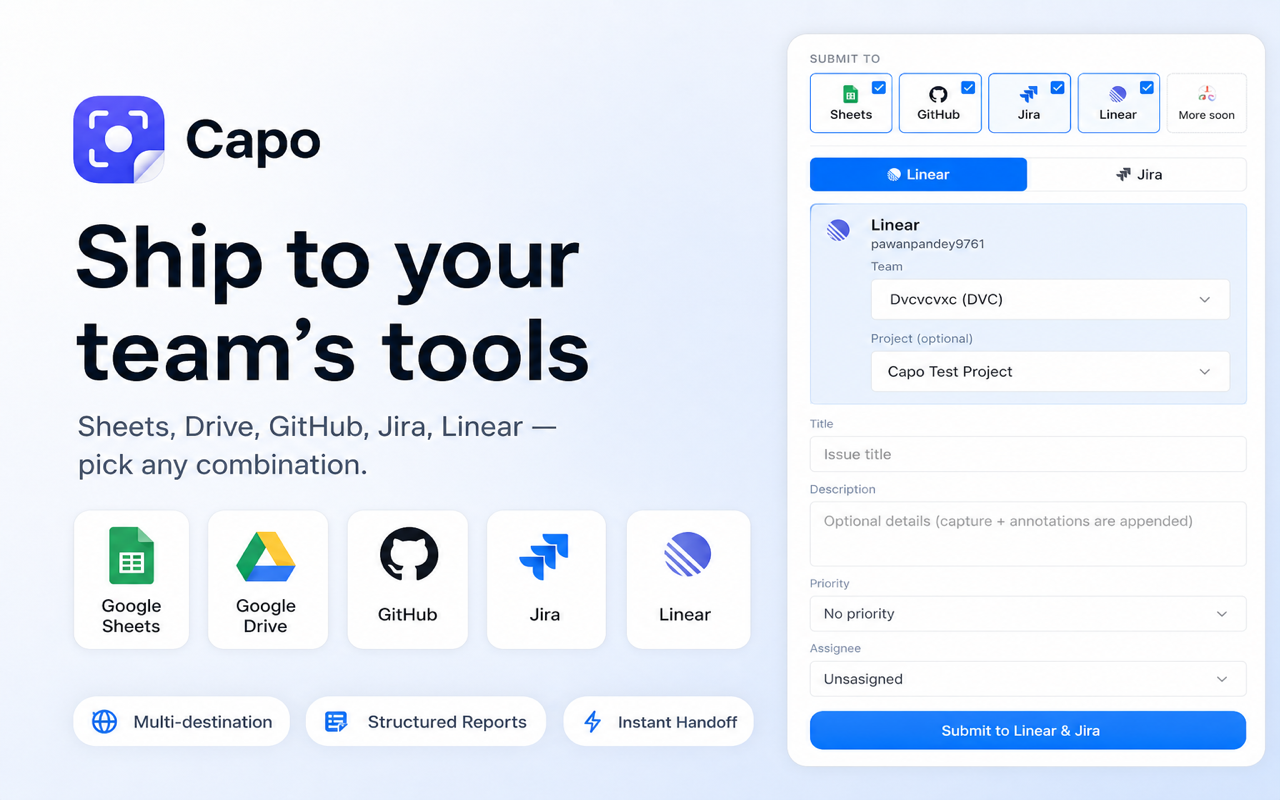 Capo multi-platform submit to Sheets, GitHub, Jira, and Linear