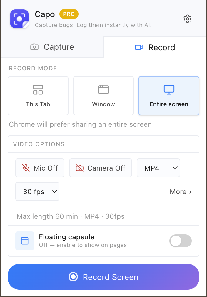 Capo record tab with screen, mic, and webcam options